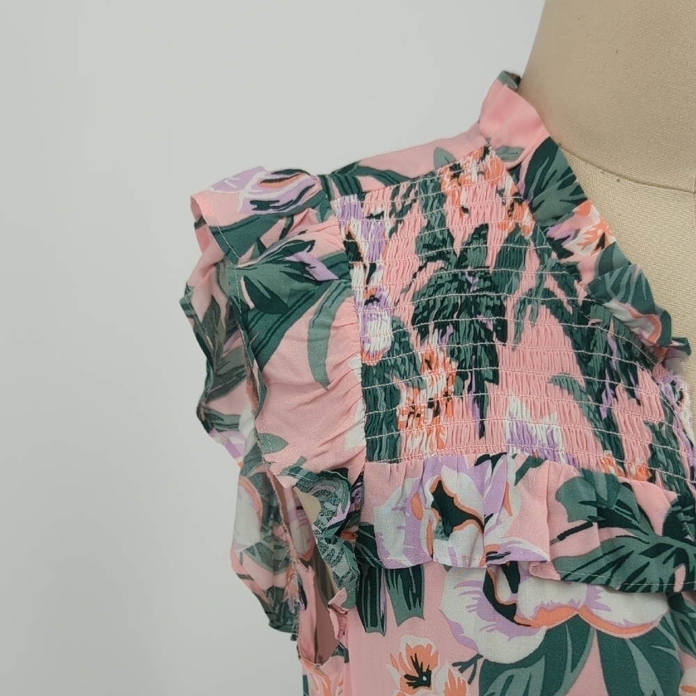 Loft Floral Smock Shift Tunic Dress Pink Green S bohemian cottagecore summer - Picture 4 of 6